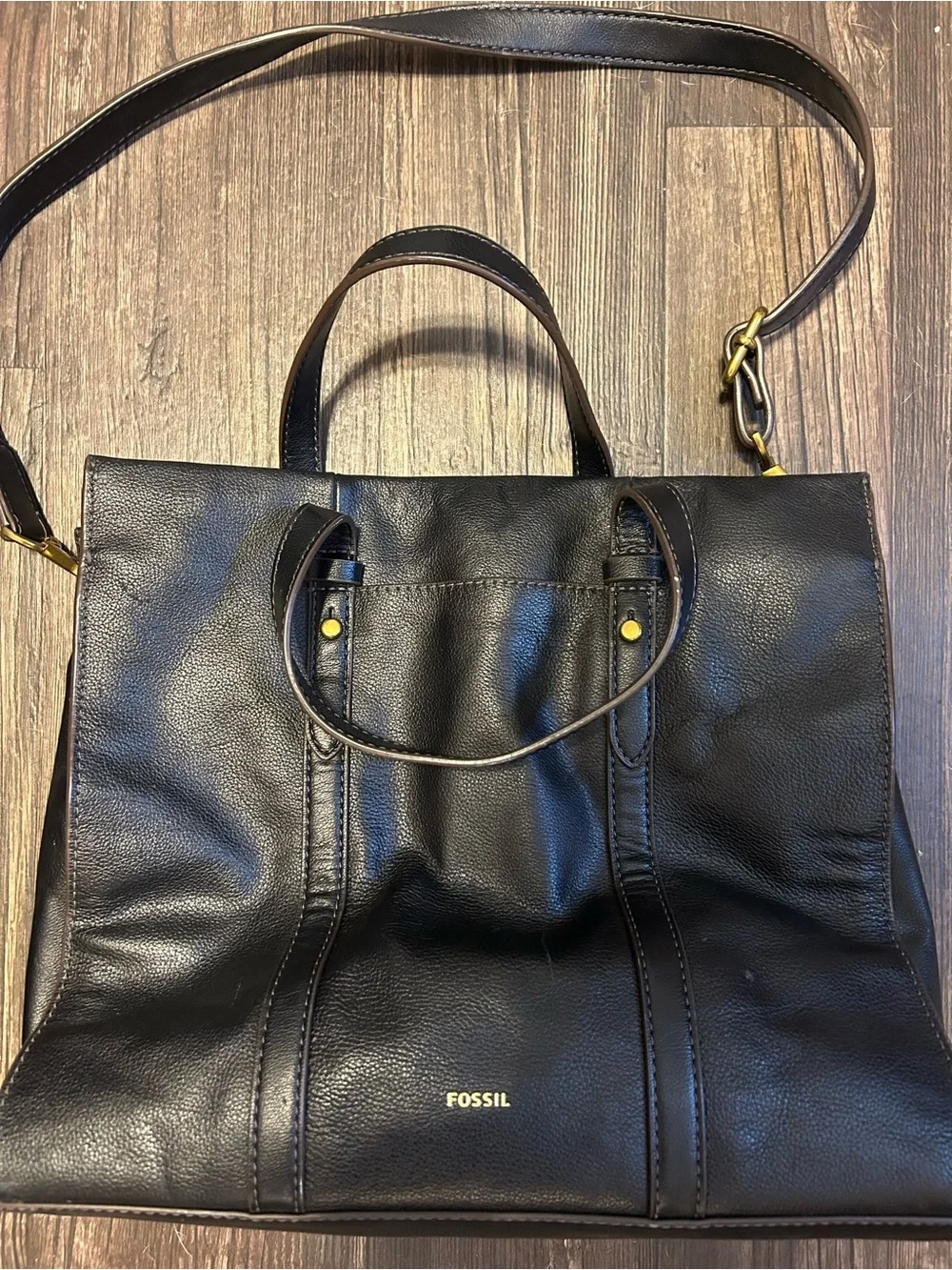 Fossil Black Leather Tote with Gold Accents